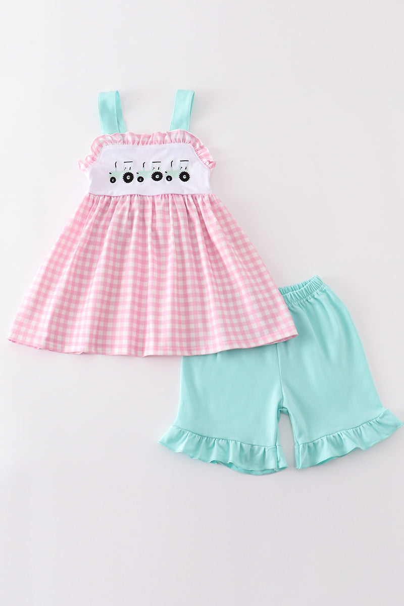 Tractor embroidery plaid girl set