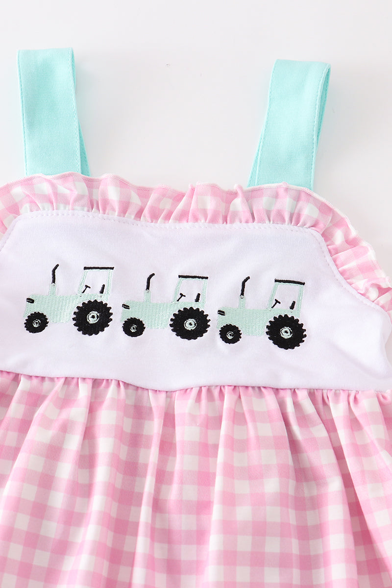 Tractor embroidery plaid girl set