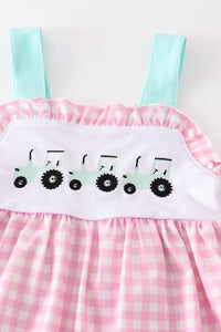 Tractor embroidery plaid girl set