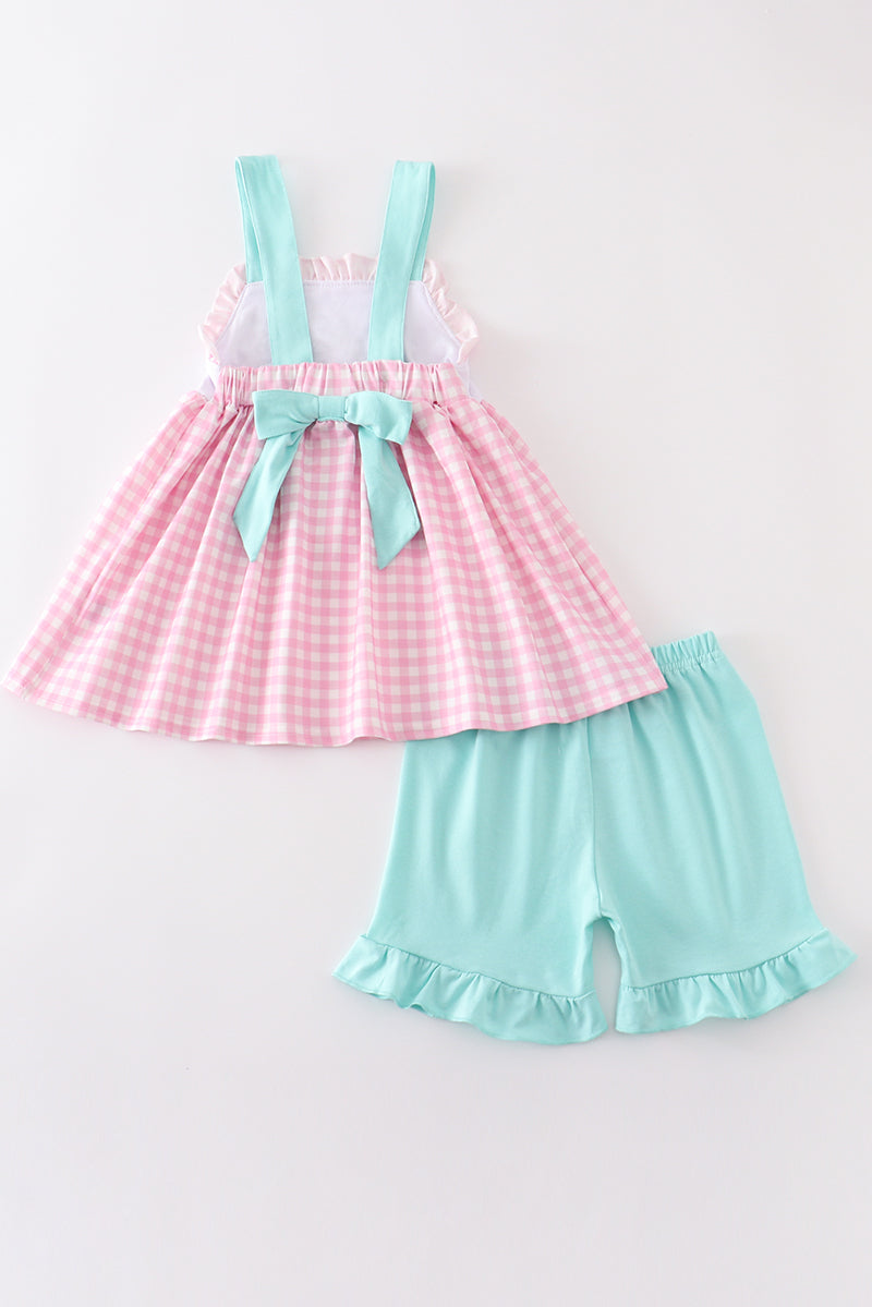 Tractor embroidery plaid girl set