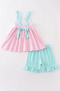 Tractor embroidery plaid girl set