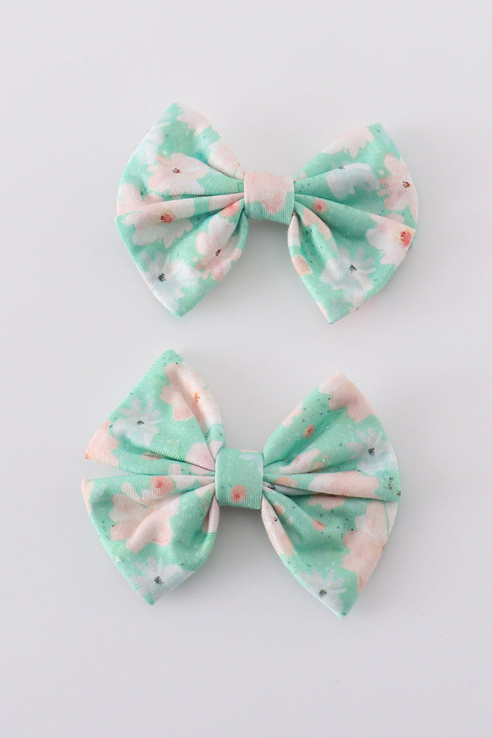 Green Floral Print Girl Piggie Hair Bow - Essential Southern Charm