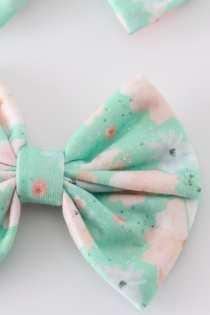 Green Floral Print Girl Piggie Hair Bow - Essential Southern Charm