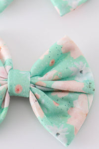 Green Floral Print Girl Piggie Hair Bow - Essential Southern Charm