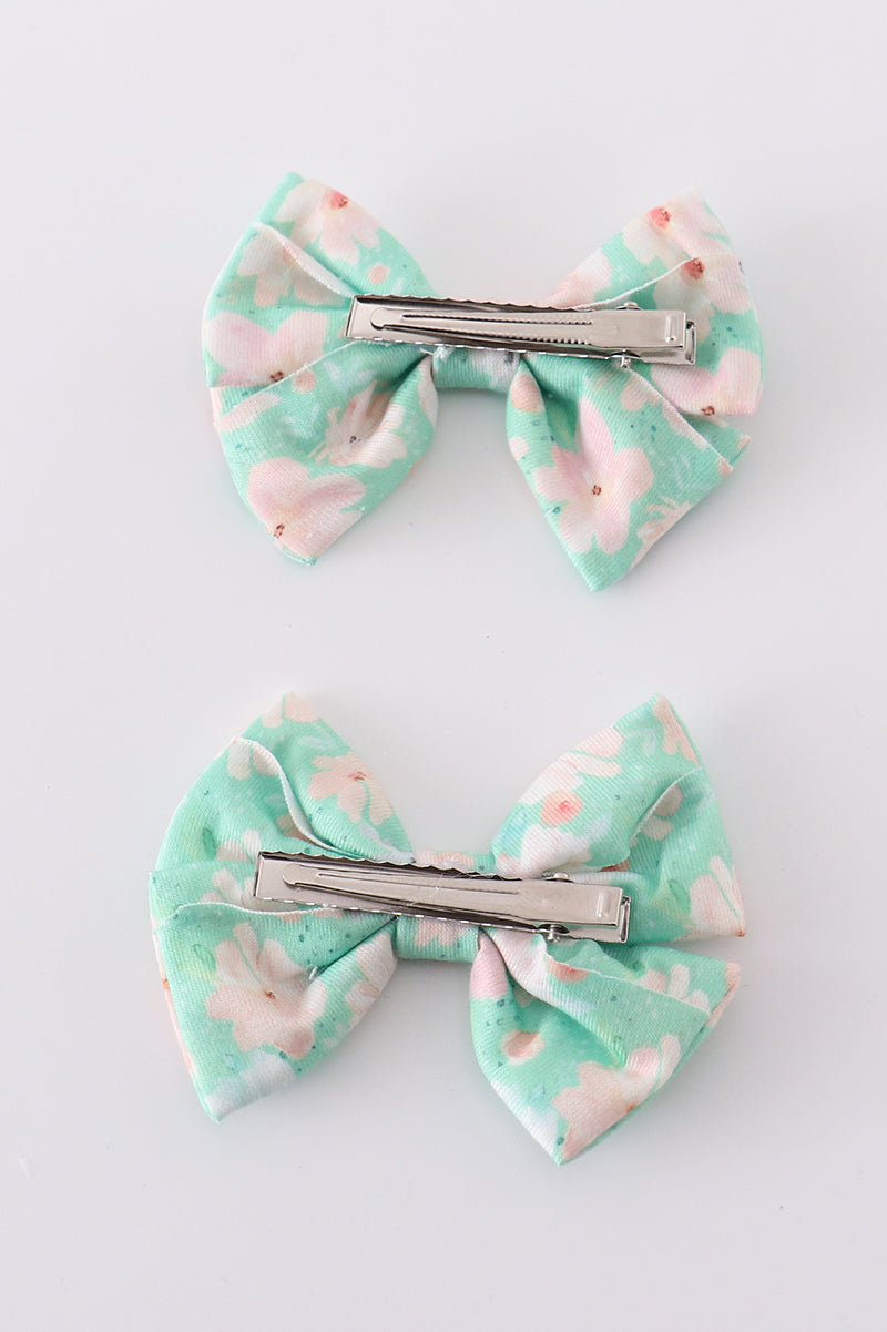 Green Floral Print Girl Piggie Hair Bow - Essential Southern Charm