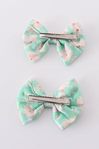 Green Floral Print Girl Piggie Hair Bow - Essential Southern Charm