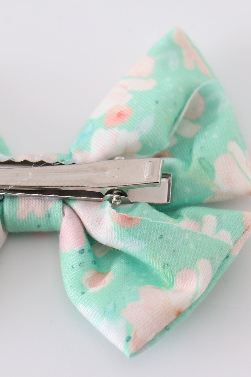 Green Floral Print Girl Piggie Hair Bow - Essential Southern Charm
