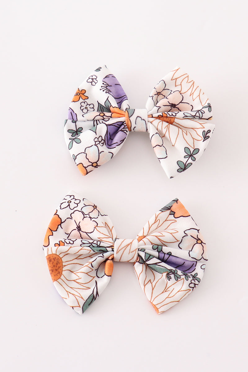 Coral Floral Print 2Pcs Piggie Hair Bow - Essential Southern Charm