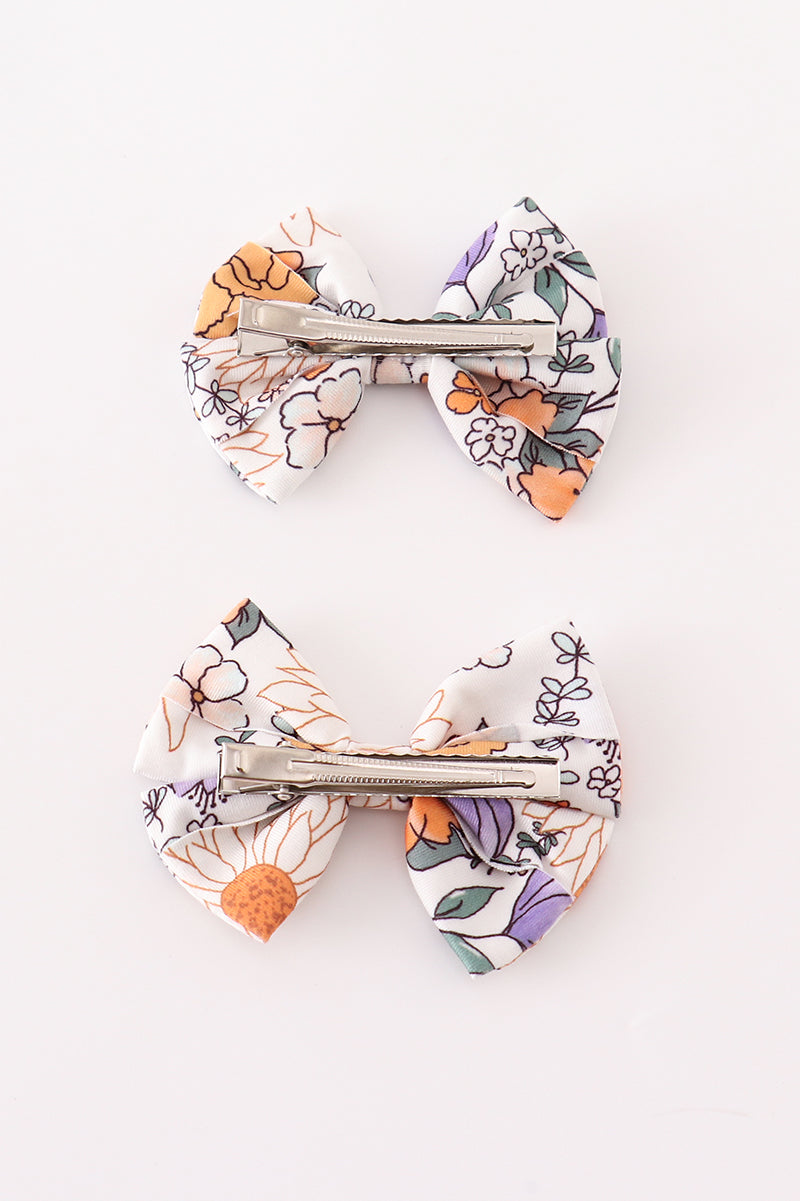 Coral Floral Print 2Pcs Piggie Hair Bow - Essential Southern Charm