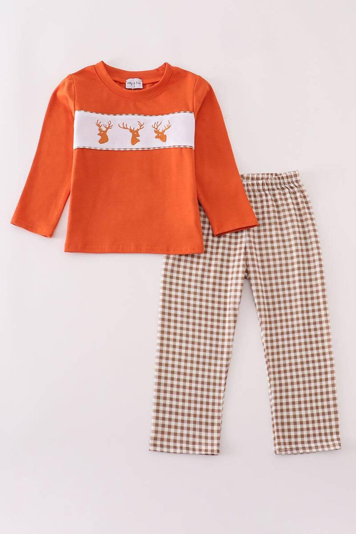 Rust Deer Embroidery Gingham Pants Set - Essential Southern Charm