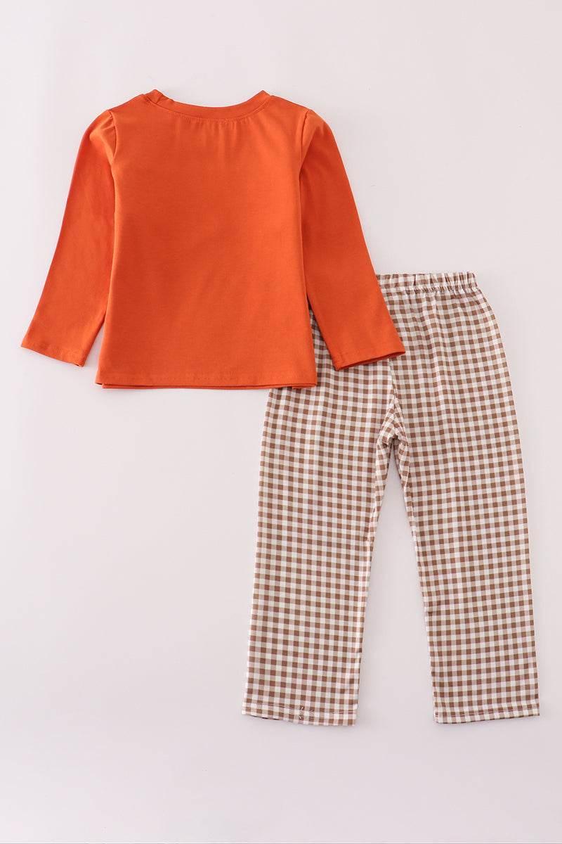 Rust Deer Embroidery Gingham Pants Set - Essential Southern Charm