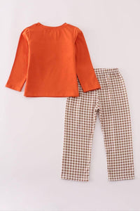 Rust Deer Embroidery Gingham Pants Set - Essential Southern Charm