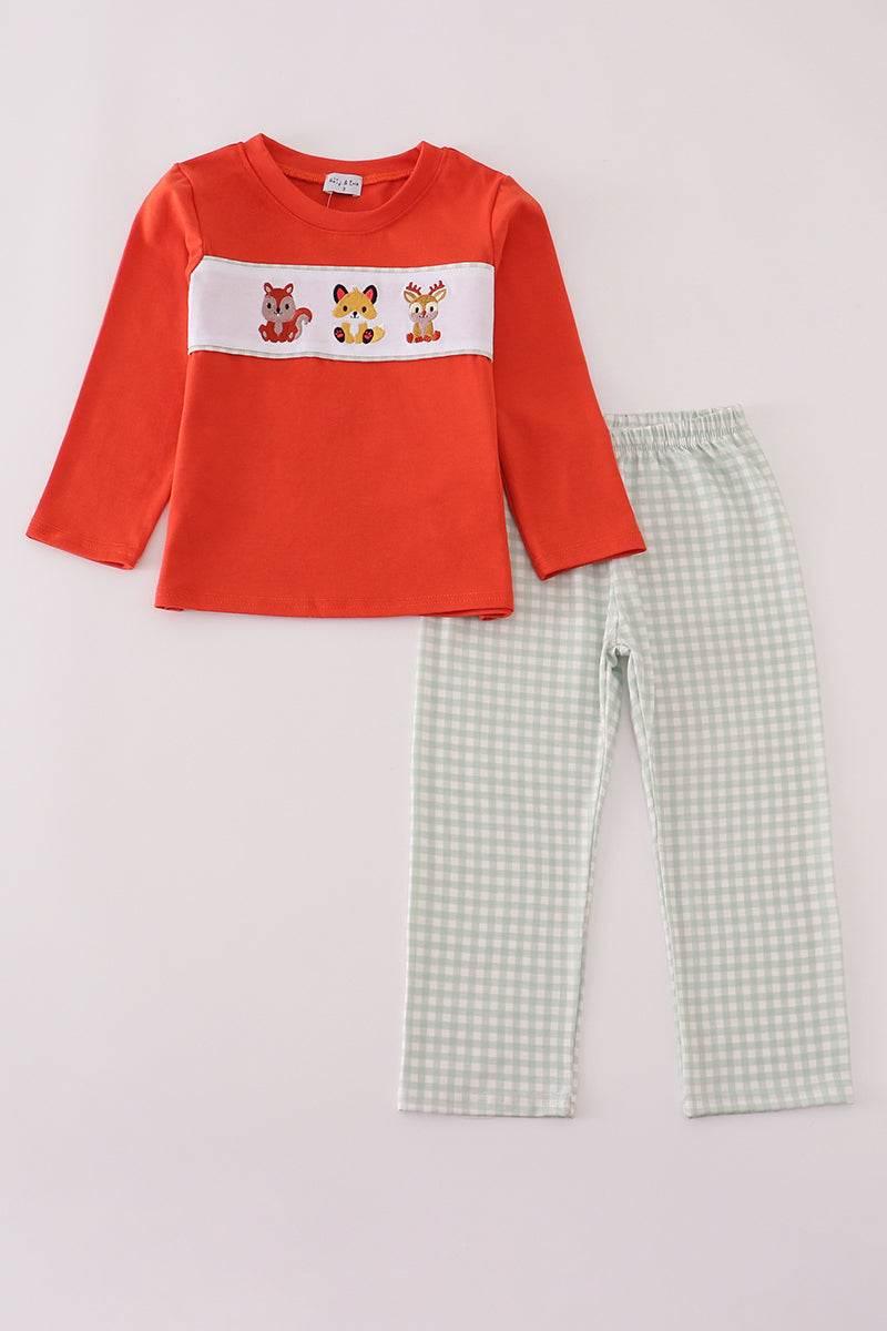 Fox Embroidery Gingham Pants Set - Essential Southern Charm