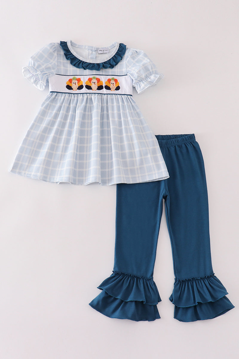 Thanksgiving turkey french knot plaid girl set