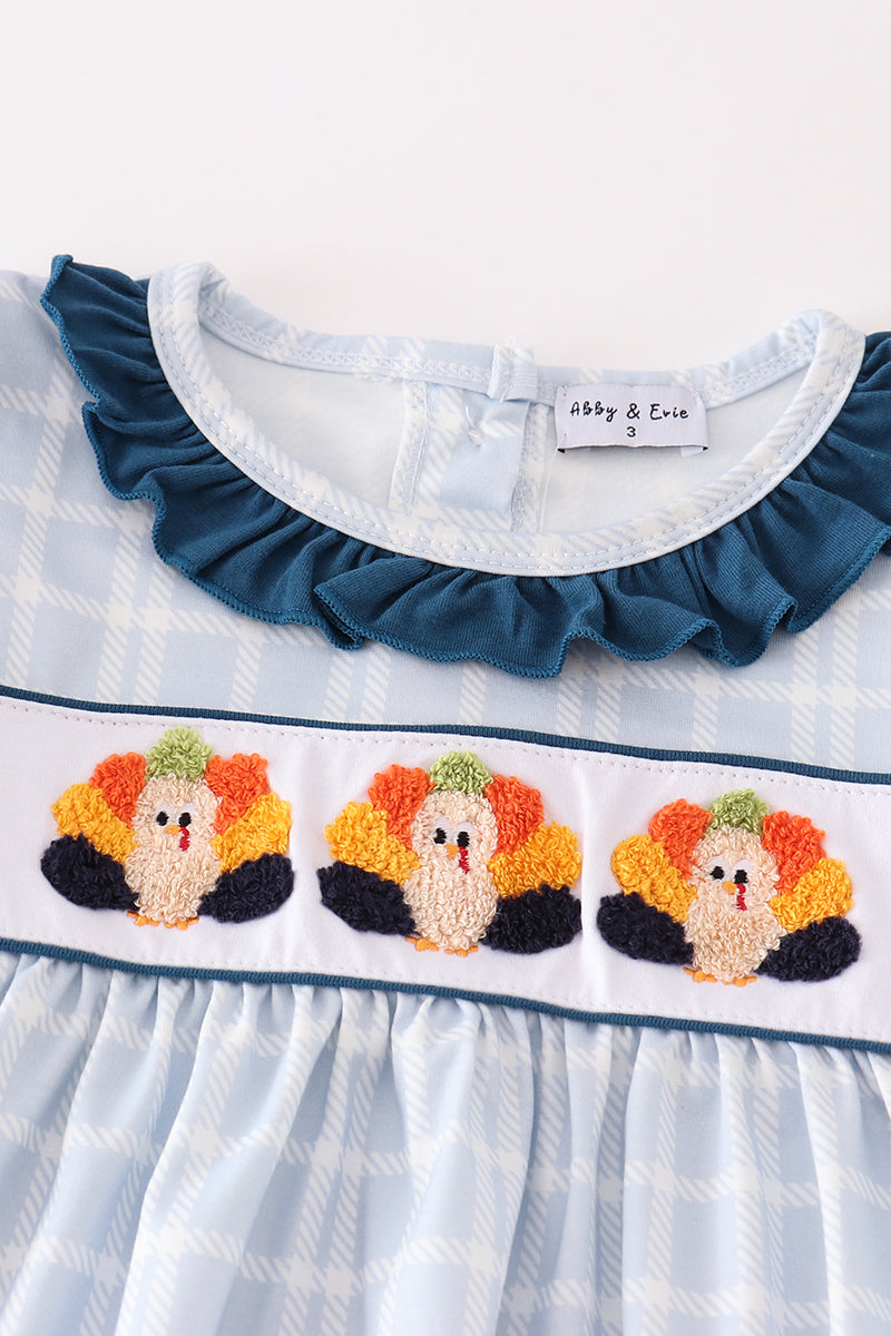 Thanksgiving turkey french knot plaid girl set