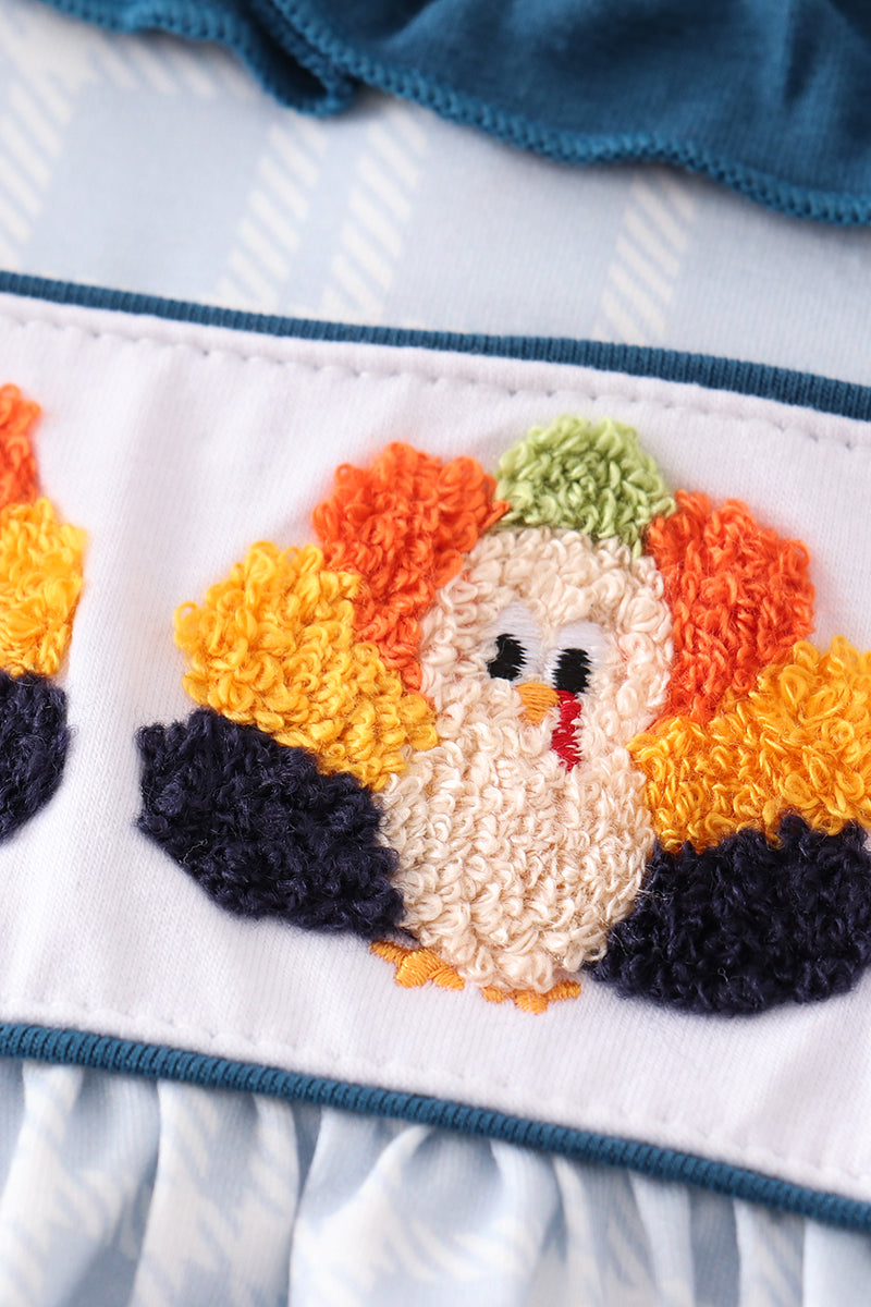 Thanksgiving turkey french knot plaid girl set