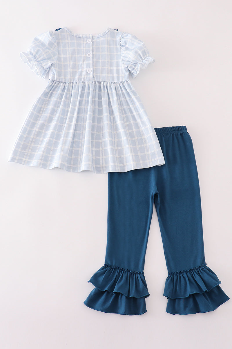 Thanksgiving turkey french knot plaid girl set