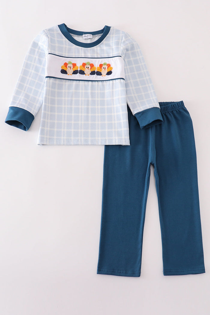 Thanksgiving turkey french knot plaid boy set