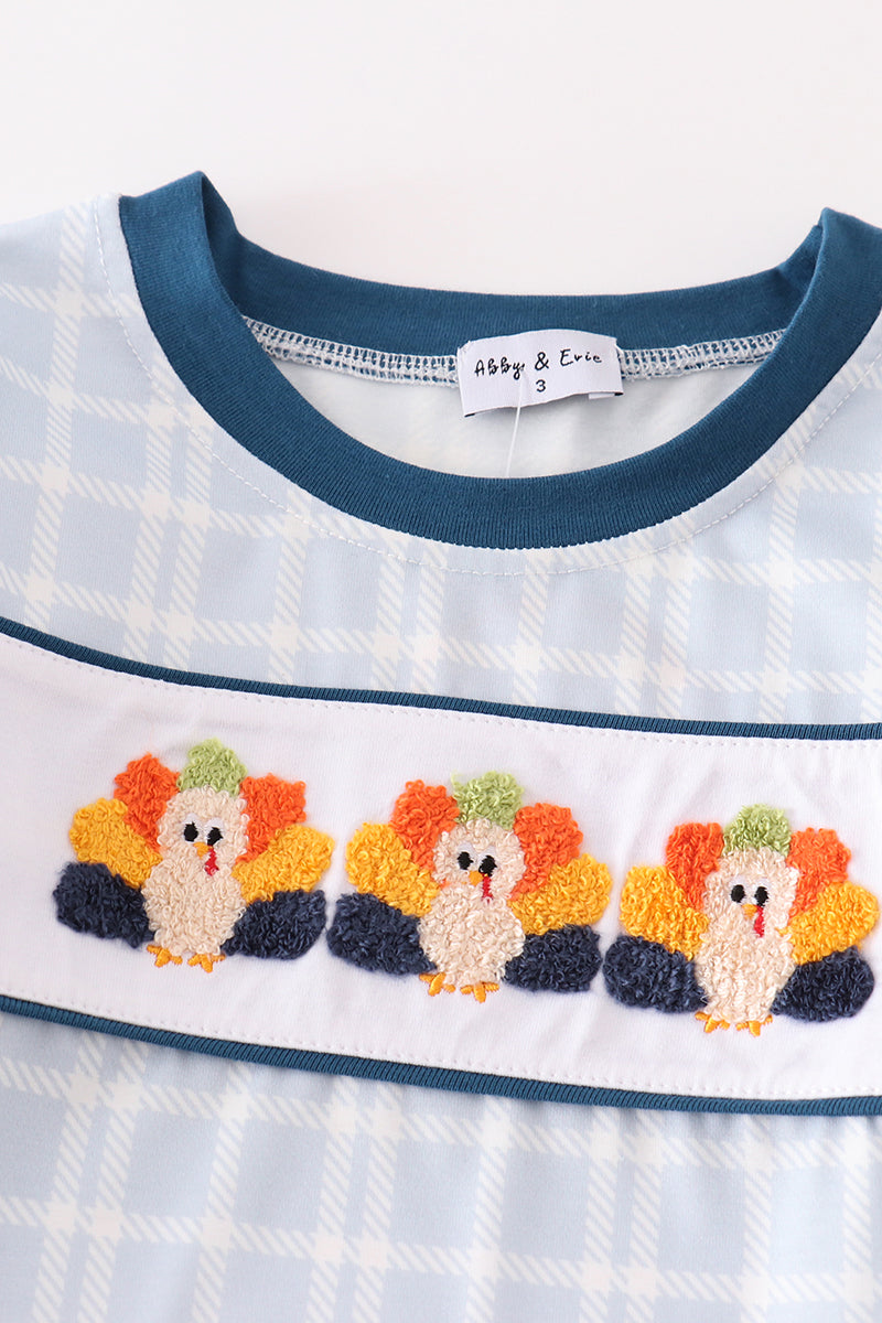 Thanksgiving turkey french knot plaid boy set