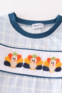 Thanksgiving turkey french knot plaid boy set