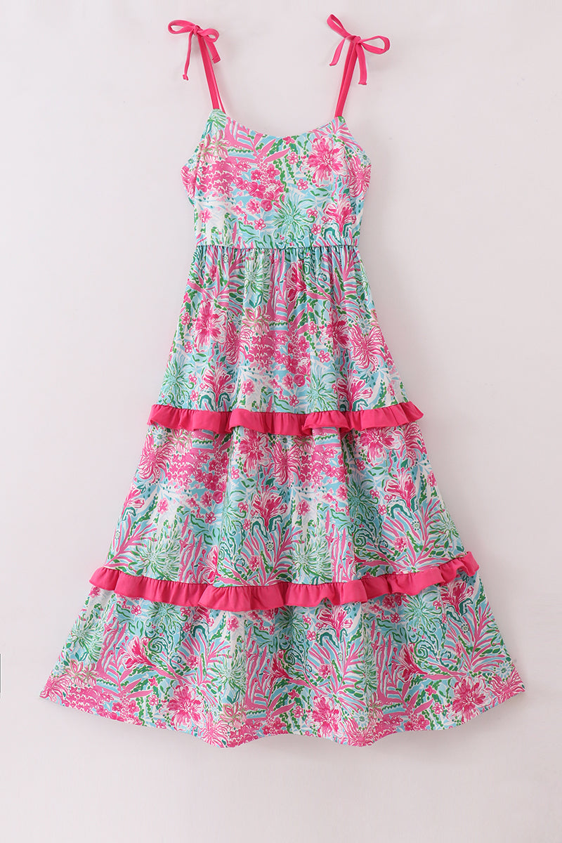 Pink Palm Paradise Print Tiered Mom Dress - Essential Southern Charm