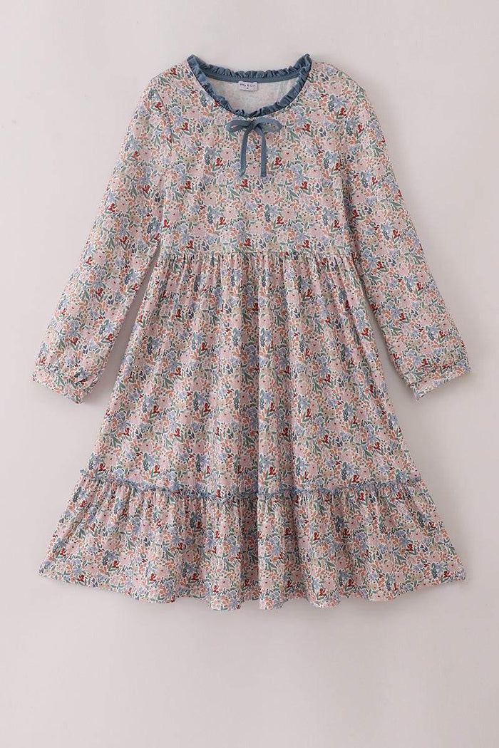Blue Floral Print Ruffle Mom Dress - Essential Southern Charm