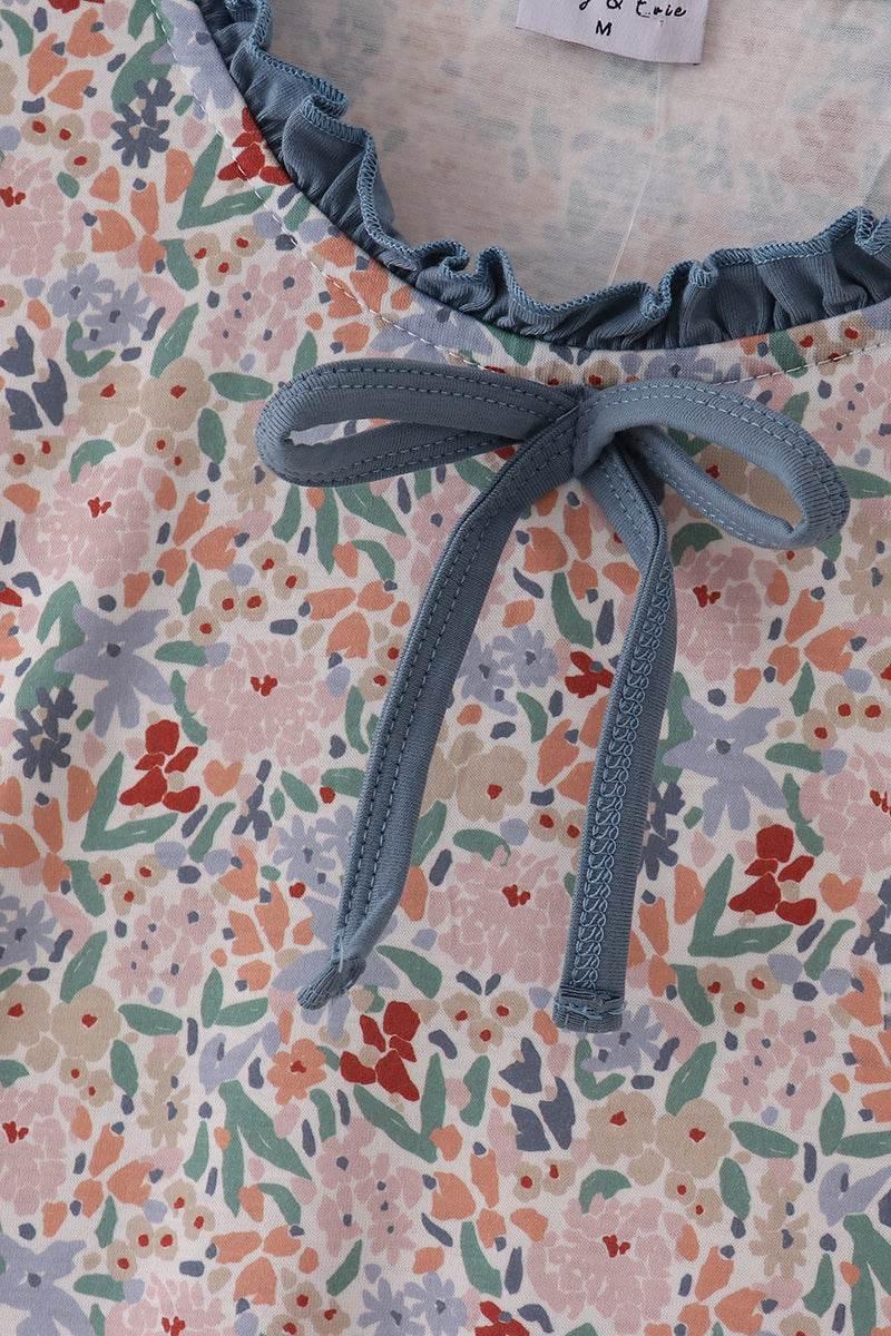 Blue Floral Print Ruffle Mom Dress - Essential Southern Charm
