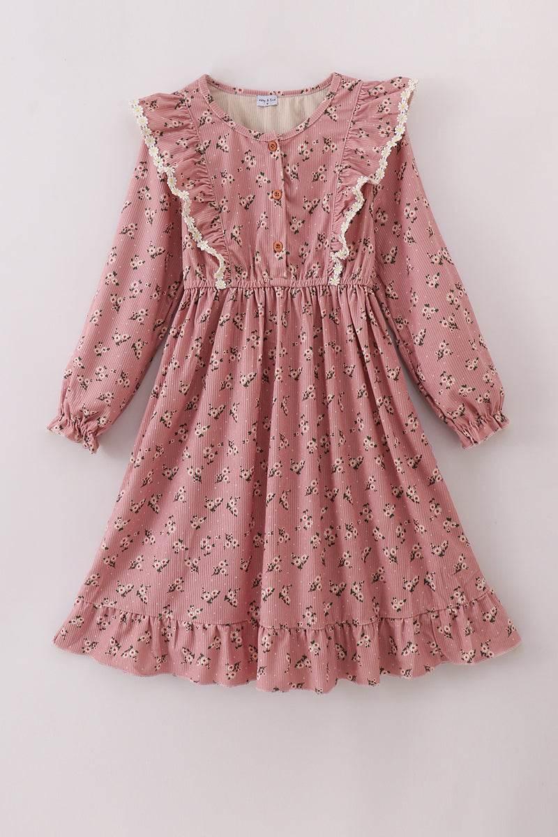 Floral Corduroy Lace Ruffle Mom Dress - Essential Southern Charm