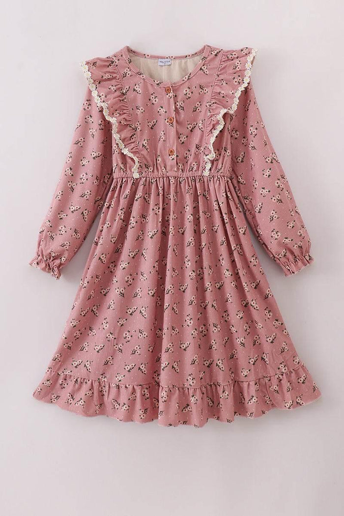 Floral Corduroy Lace Ruffle Mom Dress - Essential Southern Charm