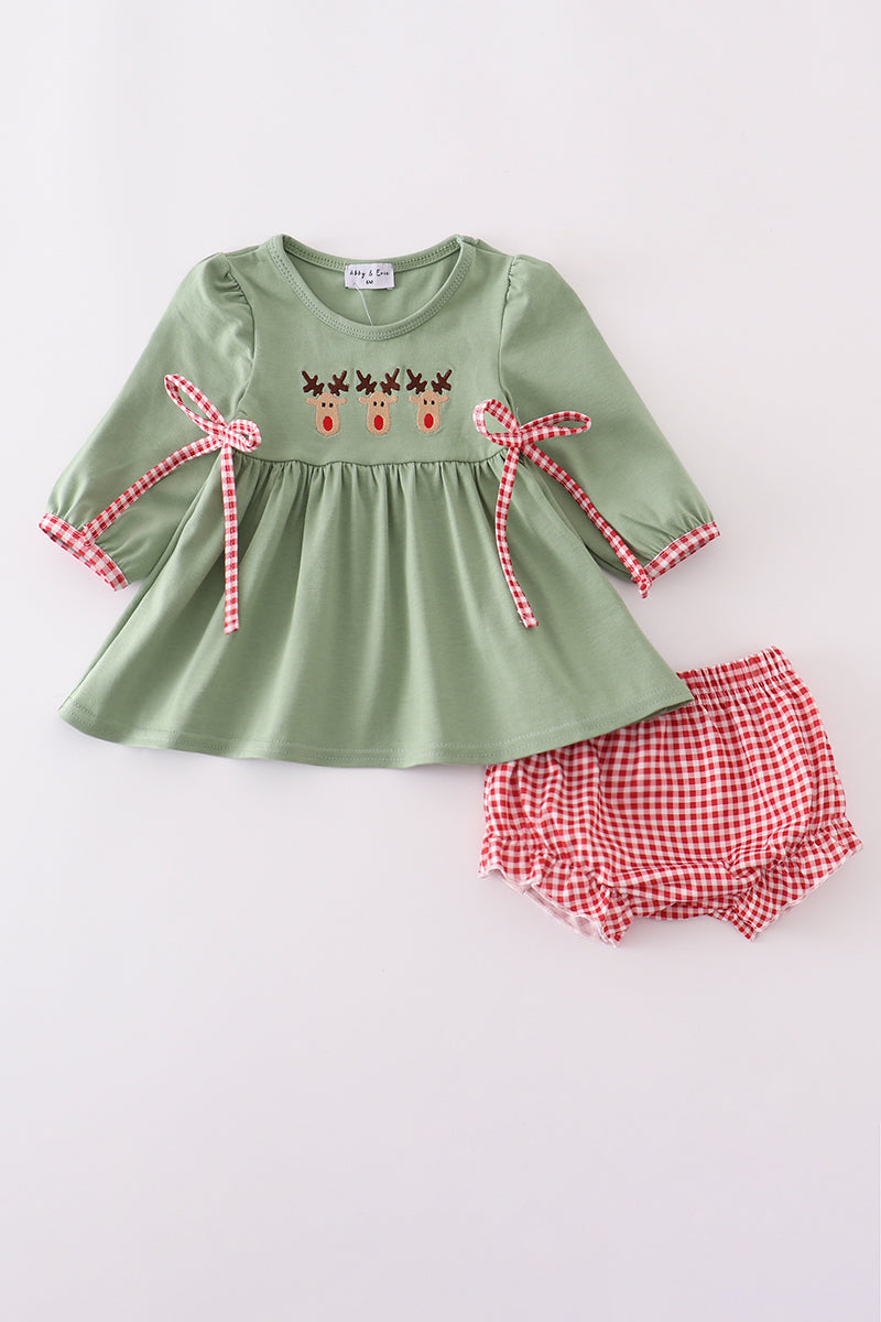 Christmas reindeer embroidery girl bloomers set