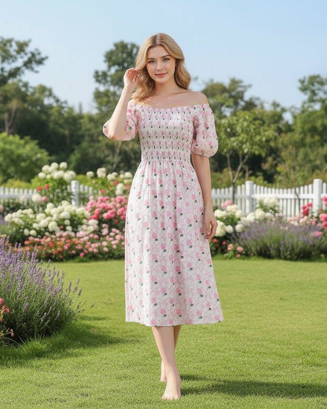 Pink Bow Hydrangea Smocked Women Dress - Essential Southern Charm