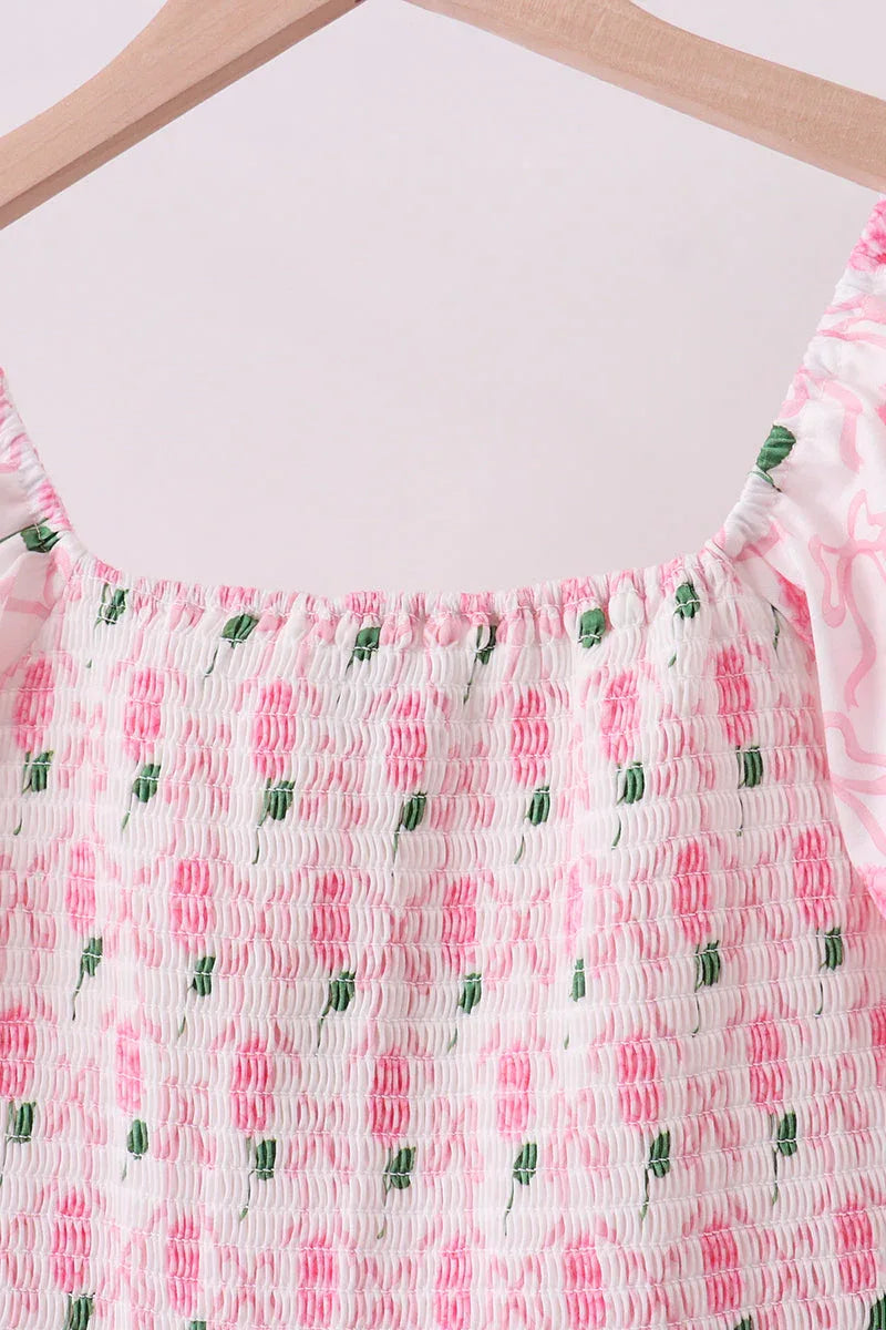 Pink Bow Hydrangea Smocked Women Dress - Essential Southern Charm