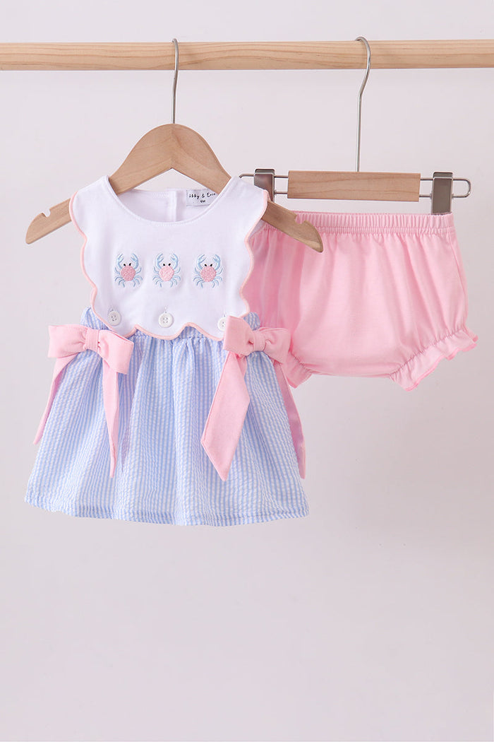 Crab Embroidered Seersucker Bloomer Set