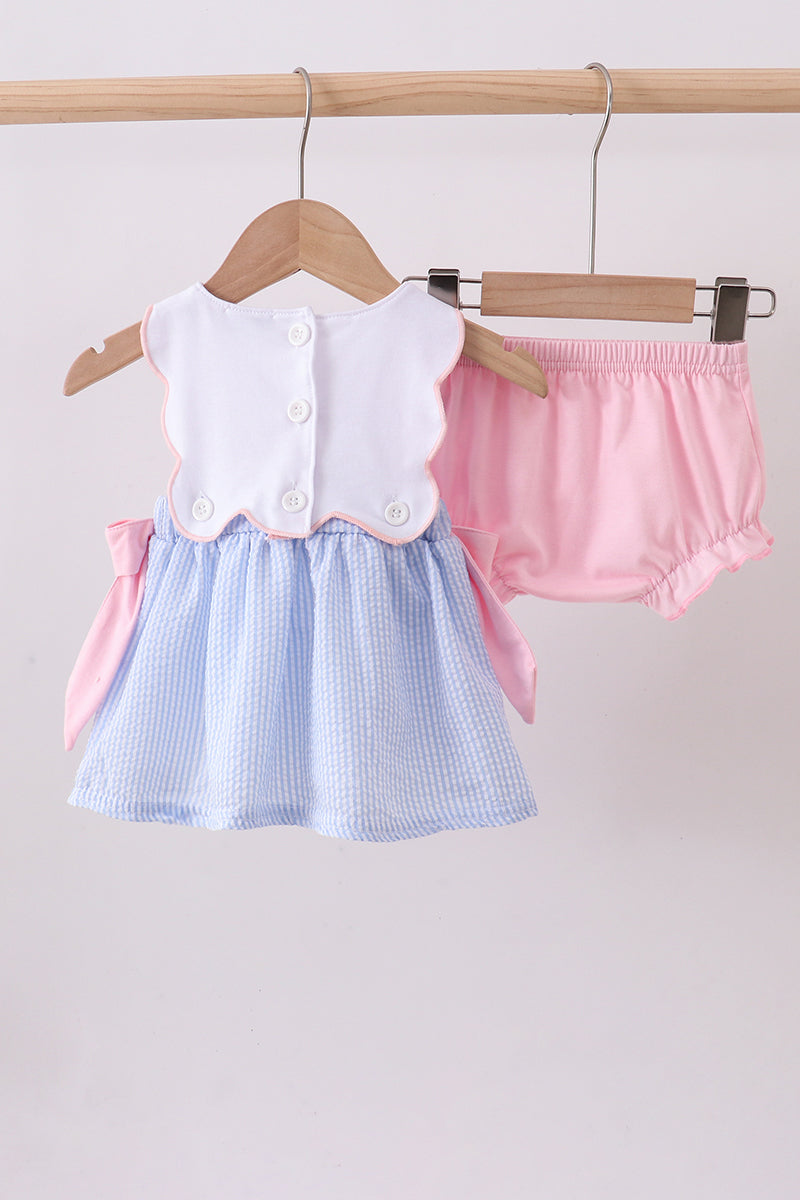 Crab Embroidered Seersucker Bloomer Set