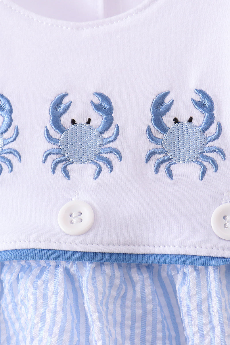 Crab Embroidered Seersucker Bubble
