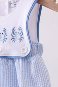 Crab Embroidered Seersucker Bubble