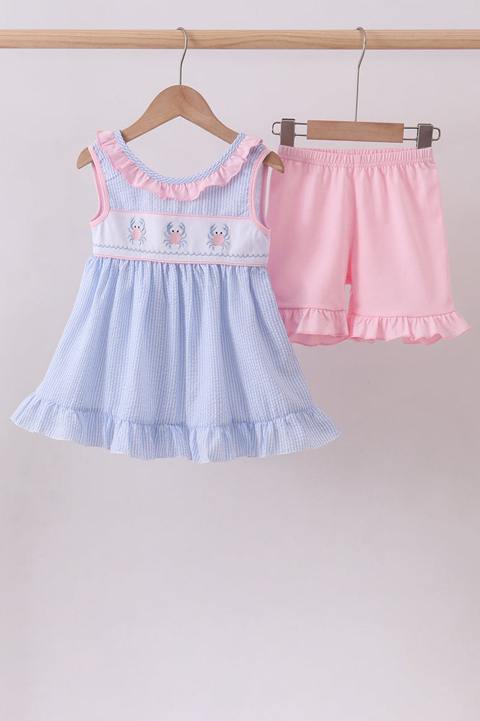 Crab Embroidered Seersucker Ruffle Shorts Set