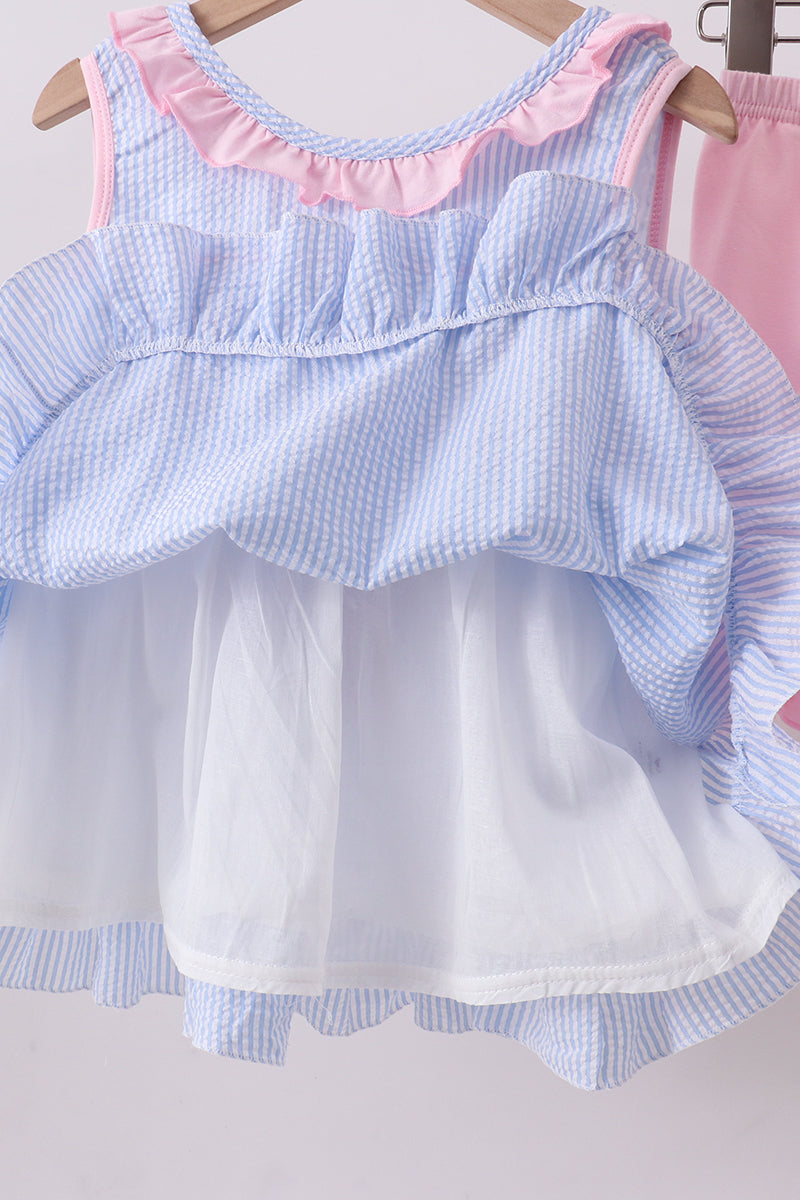 Crab Embroidered Seersucker Ruffle Shorts Set