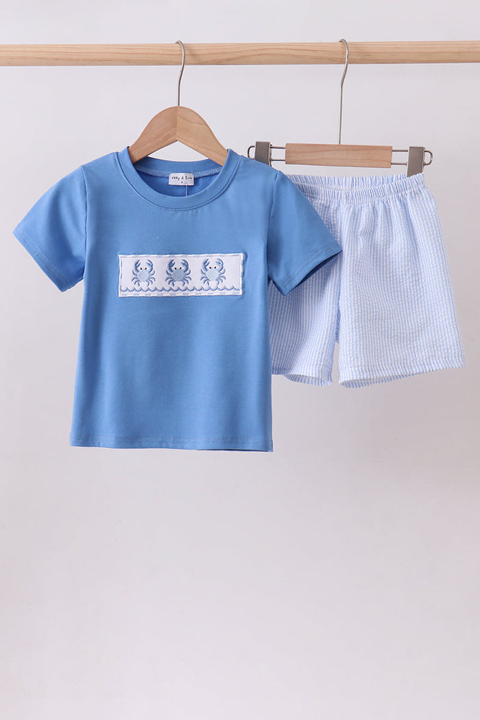 Crab Embroidered Seersucker Shorts Set