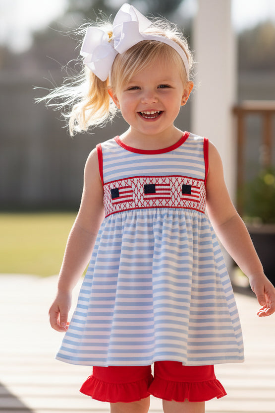 Flag smocked stripe ruffle shorts set