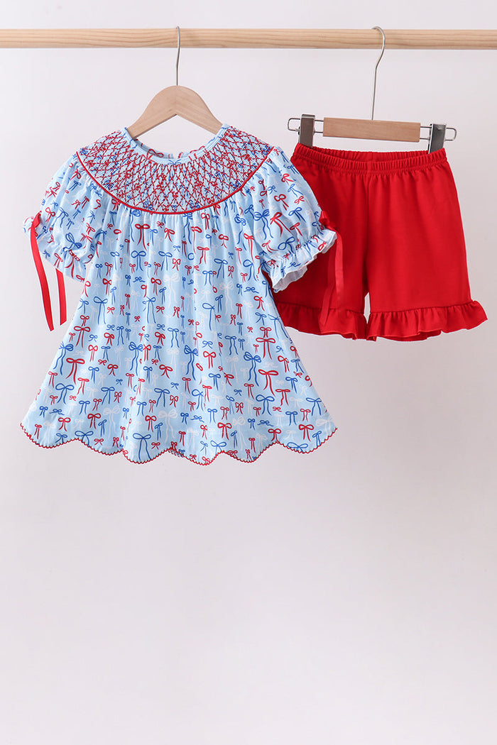 Bow smocked ruffle shorts set
