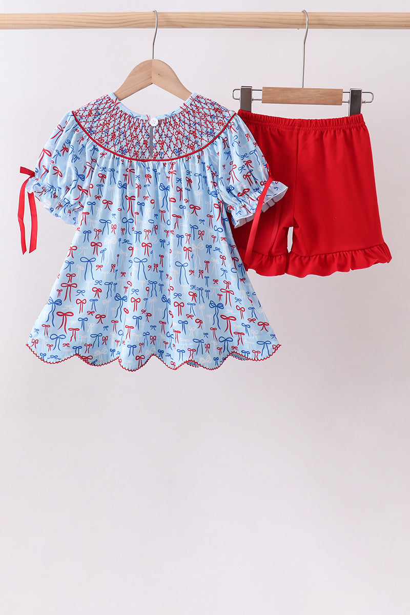 Bow smocked ruffle shorts set