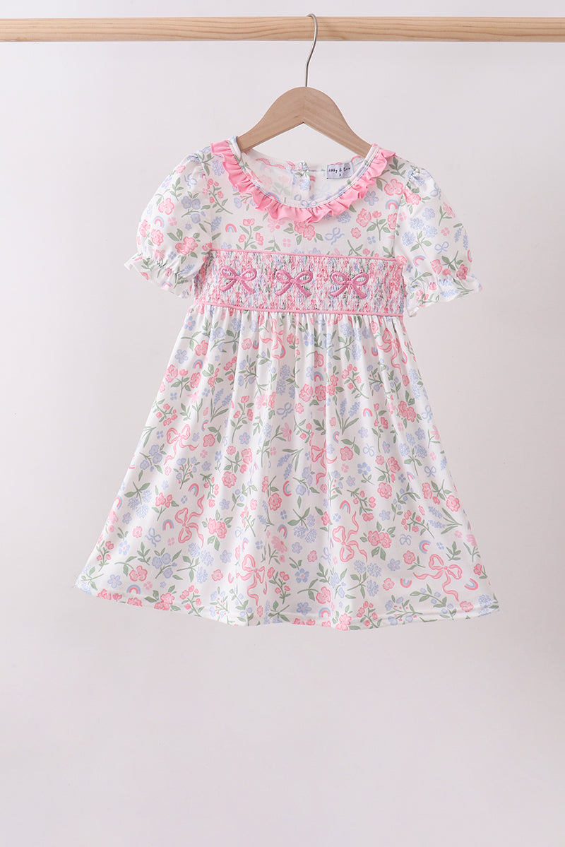 Floral bow smocked ruffle dress