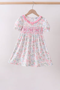 Floral bow smocked ruffle dress
