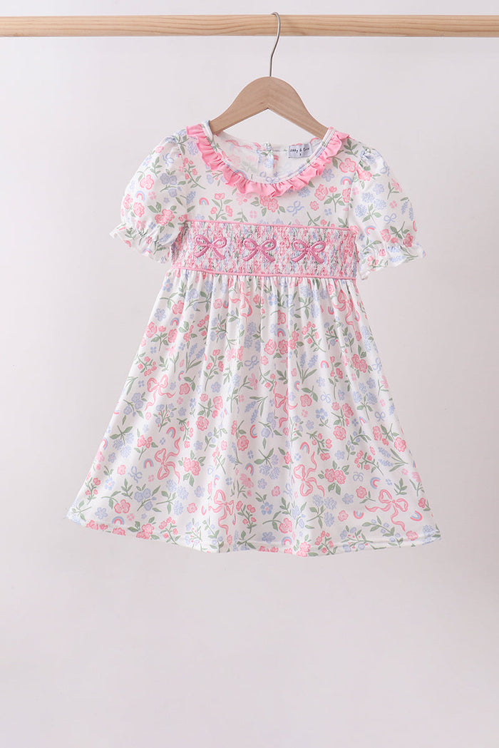Floral bow smocked ruffle dress