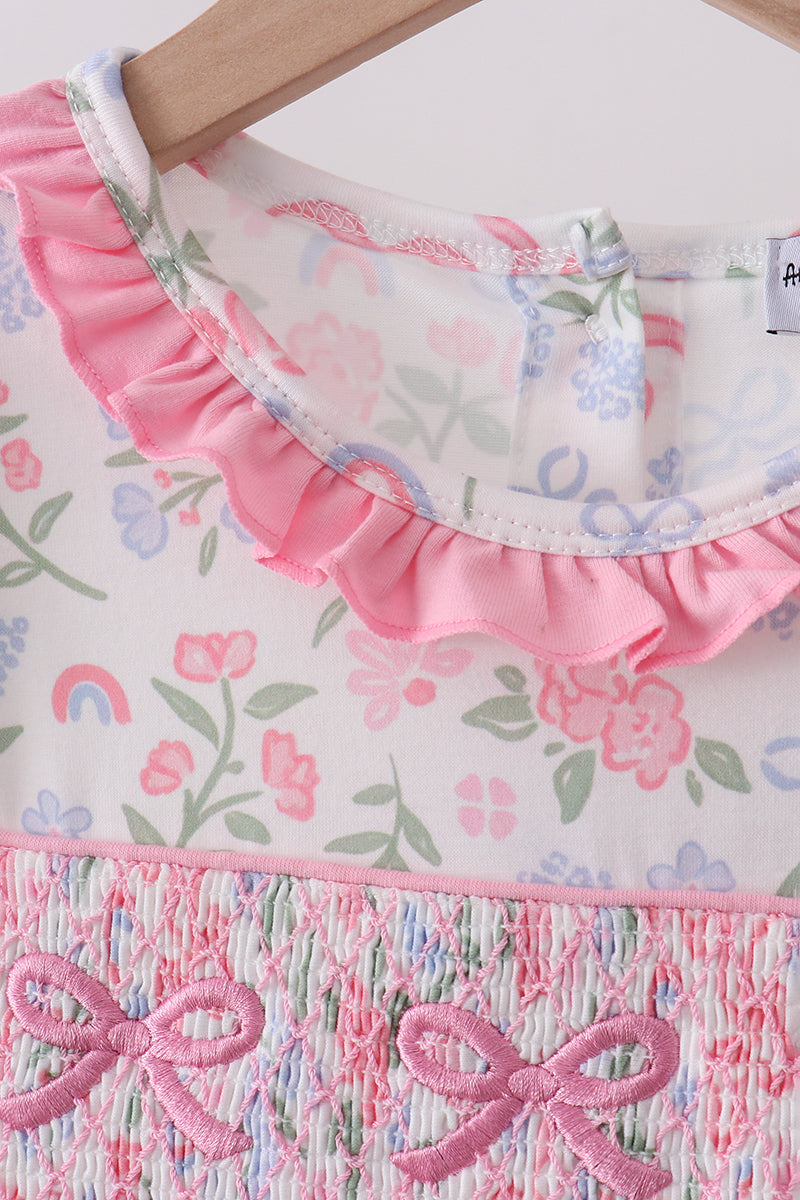 Floral bow smocked ruffle dress
