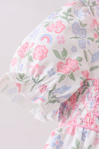 Floral bow smocked ruffle dress
