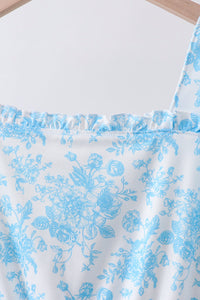 Blue rose print women dress