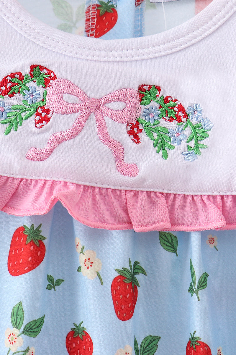 Strawberry Embroidered Ruffle Bow Bubble
