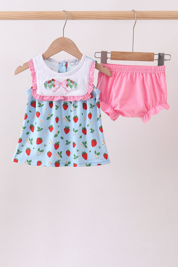 Strawberry Embroidered Bow Bloomer Set